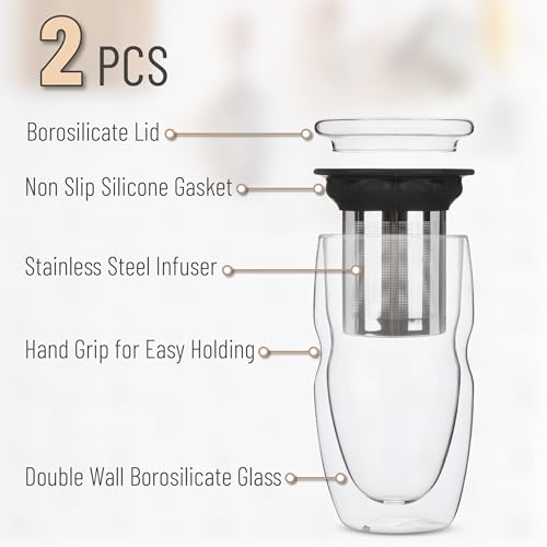 BTaT Double Wall Glass Tea Cups 16 oz (2 Pack) with Stainless Steel Infuser & Lid - Modern Borosilicate Tea Mug for Loose Leaf & Tea Bags