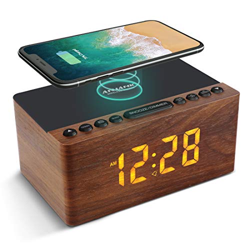 Wooden LED Digital Alarm Clock with Wireless Charger and FM Radio