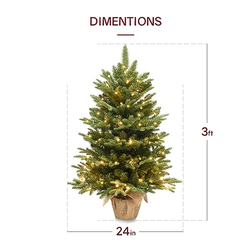 Somikis 3ft Pre-Lit Artificial Christmas Tree with 85 LED Lights, Nordic Spruce, Solid Cement Burlap Base