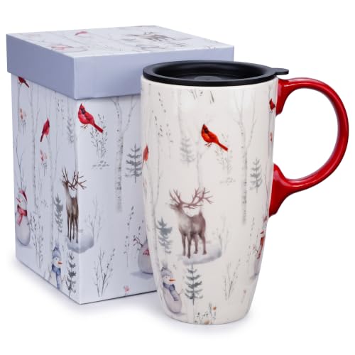 TZSSP 17oz Christmas Ceramic Coffee Mug with Lid - Winter Wildlife Holiday Gift