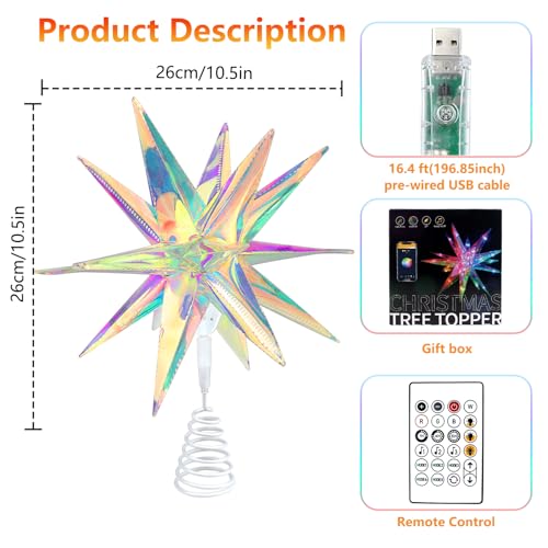 LED Christmas Tree Topper Star 10.5 inch USB Smart LED Light with App & Remote Control