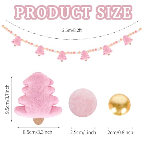 Whaline Pink Christmas Felt Garland Banner with Pom Balls – 2.5m Holiday Wall Decor