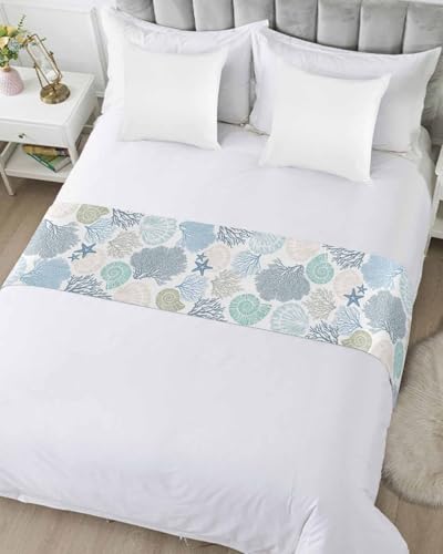 Coastal Starfish Bed Runner Scarf for Queen Bed, Teal Coral Bed Throw