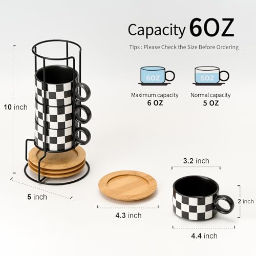 LUKA Black & White Checkered Ceramic Espresso Cup Set with Saucers & Stand - 4 Pcs
