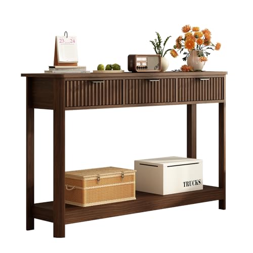 Fluted Wood Console Table with 3 Drawers, 47-inch Boho Entryway Sofa Table