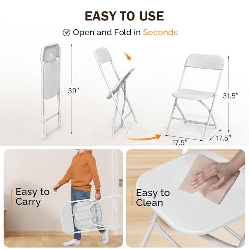 Folding Chairs Set of 10, White Plastic Seat with Sturdy Metal Frame