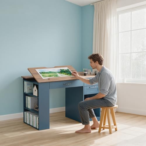 Adjustable Drafting Table with Storage Drawers and Shelves - Blue Art Desk