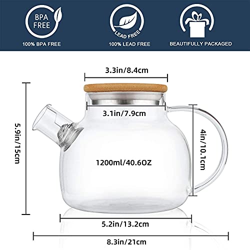 CNGLASS Stovetop Safe Glass Teapot 40.6oz with Double Walled Coffee Mugs 10oz (2 Pack)