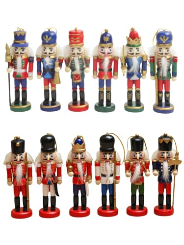 12-Piece Wooden Christmas Nutcracker Ornament Set, 4.7-Inch Holiday Tree Hangings