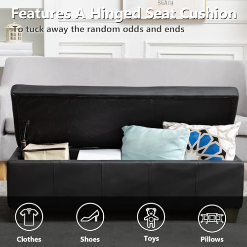 51-Inch Faux Leather Storage Ottoman Bench with Safety Hinge, Black