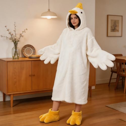 Funny Duck Onesie Pajamas for Kids and Adults with Hood and Slippers
