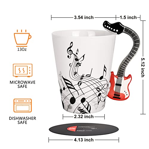 Maustic Red Guitar Mug - 13 Oz Music Gifts for Men Women with Vinyl Record Coaster