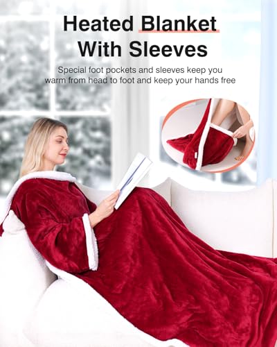 Yokimisu Wearable Heated Blanket with Sleeves & Foot Pockets, Electric Heated Robe, 6 Heating Levels, 50x70 inches, Red