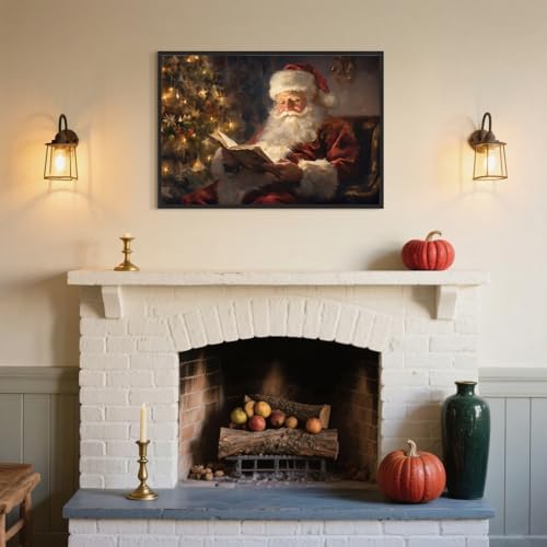 Santa Reading by Christmas Tree canvas wall art 8x12 with black aluminum frame