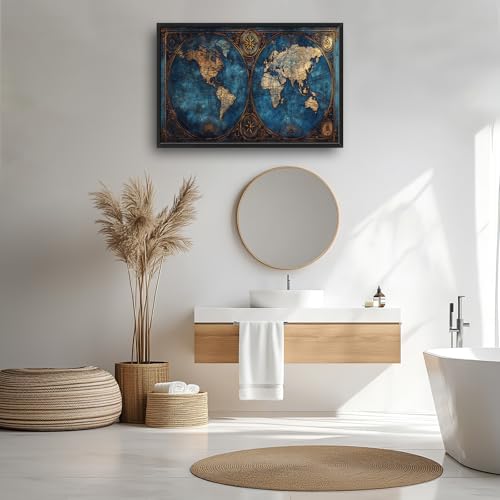 Large World Map Wall Art, Framed 24x36 Canvas Print for Living Room