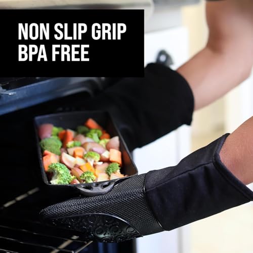Extra Long Silicone Oven Mitts - 500°F Heat Resistant, 13.7" Black