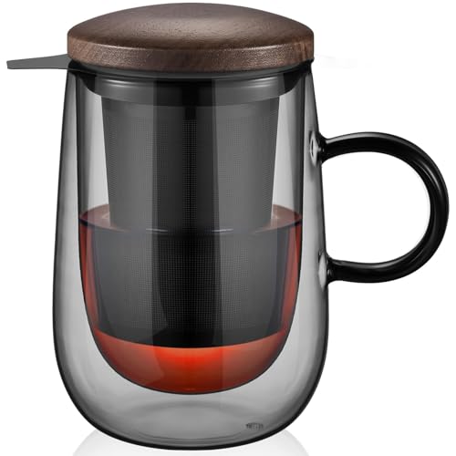 Glastal Black Tea Infuser Mug 14.5oz Double-Walled Glass with Handle - Type 2