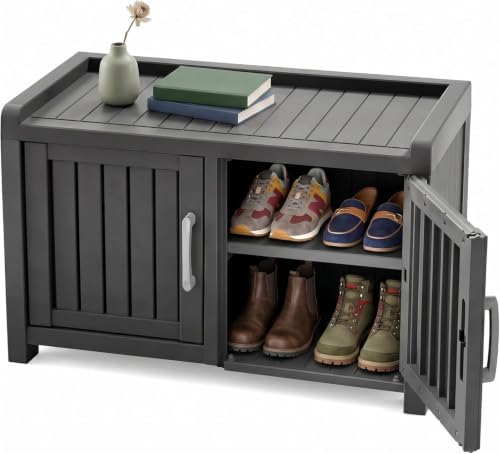 Waterproof Shoe Storage Bench, Indoor Outdoor Cabinet with Adjustable Shelves