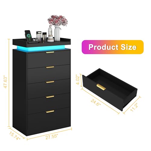 5-Drawer Tall Dresser with LED Lights, Power Outlet & USB Charging Station