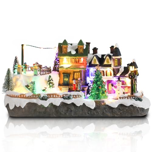 Christmas Village Houses with Skaters Skiers Light Up Musical Rotating Tree USB Decor - Variation of Village & Skaters Skiers