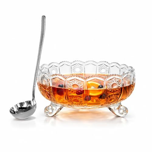 10-Inch Glass Punch Bowl Set with Stainless Steel Ladle - 3L Serving Bowl