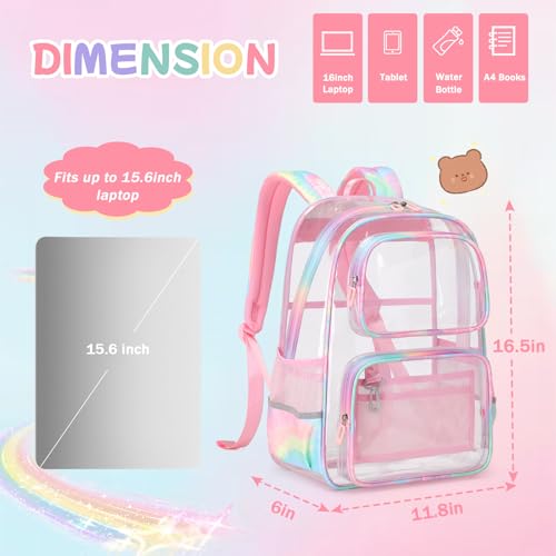 Heavy Duty Clear Backpack for Girls - Pink Transparent School Bookbag