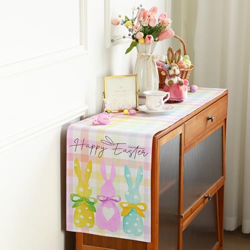 Frienda 72 Inch Plaid Bunny Easter Table Runner Pastel Checkered Gingham Farmhouse Decor