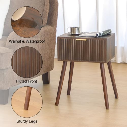 Mid-Century Fluted Nightstand with Drawer and Open Shelf, Walnut Finish