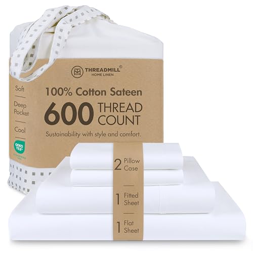 600 Thread Count 100% Cotton Queen Sheet Set - White Sateen 4-Piece