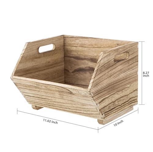 Natural Wood Stackable Storage Bins, Open Front Organizing Crates, Set of 2