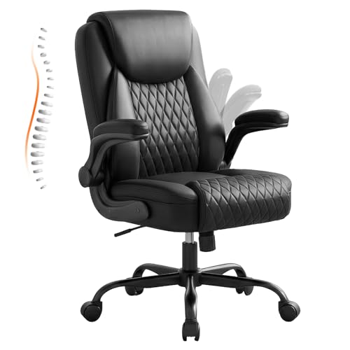 Ergonomic PU Leather Office Chair with Flip-Up Arms, 300lbs Capacity