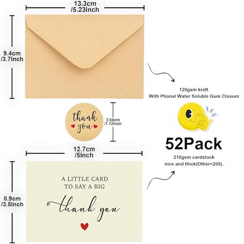 52 Pack Thank You Cards with Envelopes and Stickers, 3.5x5 Inch Cardstock