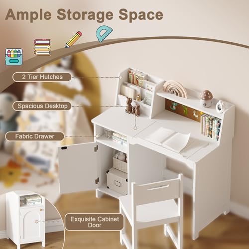 Kids Study Desk and Chair Set with Tiltable Desktop and Storage Hutch