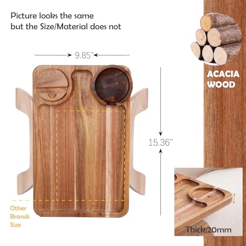 Acacia Wood Sofa Arm Tray with 360° Rotating Cup Holder and Phone Stand