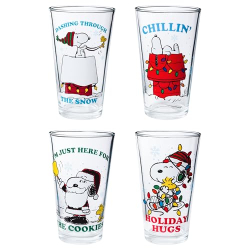 Peanuts Snoopy Holiday Pint Glass Set - 4pc 16oz Christmas Drinkware with Snoopy & Woodstock - Variation of Peanuts Snoopy Holiday