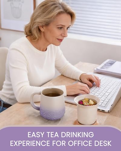 ZENS 12oz Purple Tea Mug with Infuser & Wooden Lid – Handcrafted Ceramic, Oolong & Loose Leaf Compatible