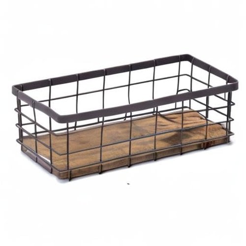 TIEYIPIN Small Metal Wire Storage Basket, Detachable Wood Base Storage Organizer Bin Basket for Kitchen Cabinets, Bathroom, Pantry, Garage, Laundry Room - Brown