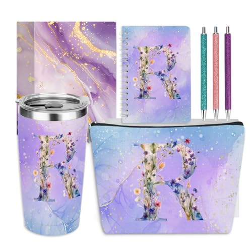 Letter R 20 oz Monogrammed Tumbler & Gift Set for Women - Personalized Makeup Bag & Notebook