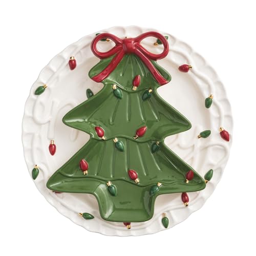 Mud Pie Christmas Tree & Round Platter Set - Festive Hand-Painted Stoneware