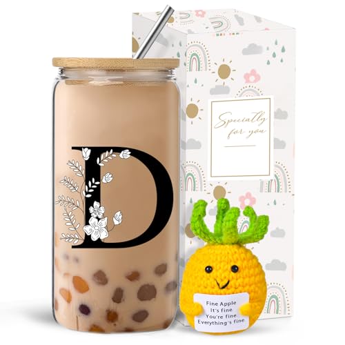 Monogrammed Initial Glass Cup with Lids, Straws & Gift Box - Variation: glassw cup-d