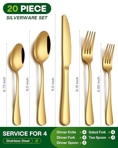 20-Piece Gold Stainless Steel Flatware Set for 4, Mirror Polished Cutlery