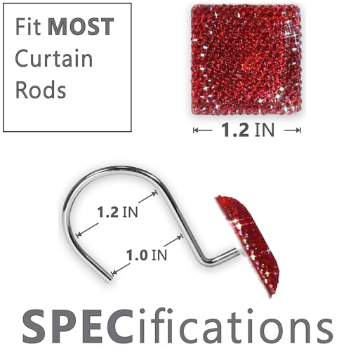 Red Bling Shower Curtain Hooks - Christmas Bathroom Rings, 12 pcs