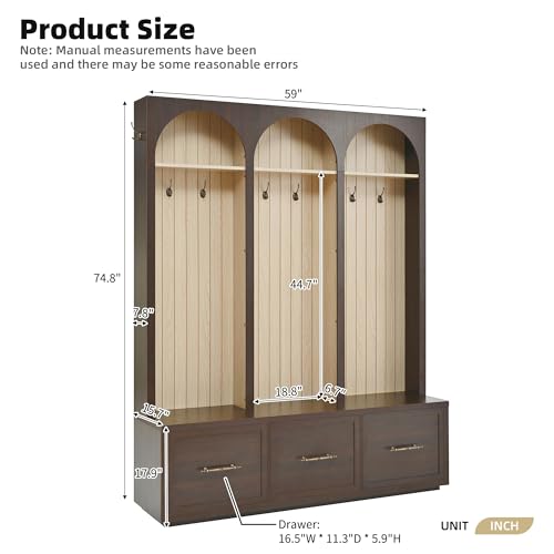 Farmhouse Hall Tree with Shoe Bench, 3 Drawers and 8 Coat Hooks, Walnut
