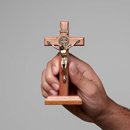 5-Inch Solid Walnut Wood Crucifix with Saint Benedict Medal - Antique Gold