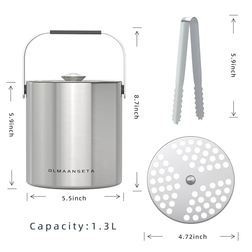 Olmaanseta Mini Double Walled Stainless Steel Ice Bucket with Lid & Tongs 1.3L for Parties & Home Bar