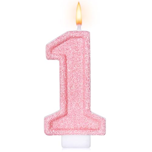 Pink Glitter Number 1 Birthday Candle for First Birthday