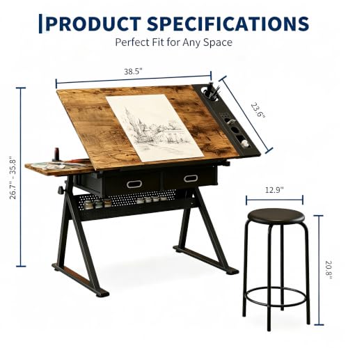 Height Adjustable Drafting Table with Stool, Tilting Art Desk with Drawers