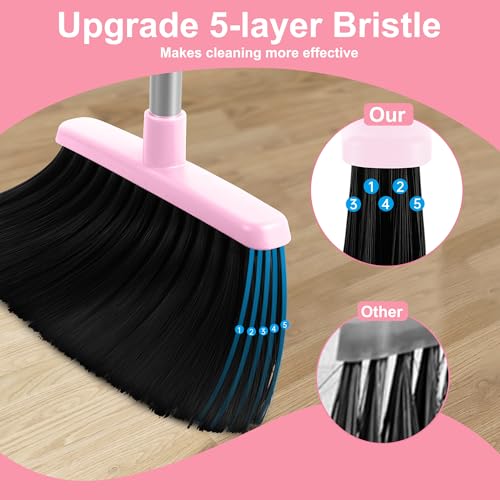 Long Handle Broom and Dustpan Set with Built-In Comb Teeth - Pink