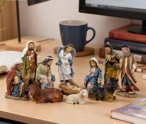 11-Piece Hand-Painted Nativity Set - Resin Holy Family Christmas Figurines