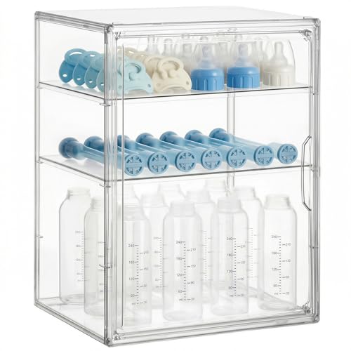Clear Acrylic Baby Bottle Storage Organizer with Magnetic Door and 3 Tiers